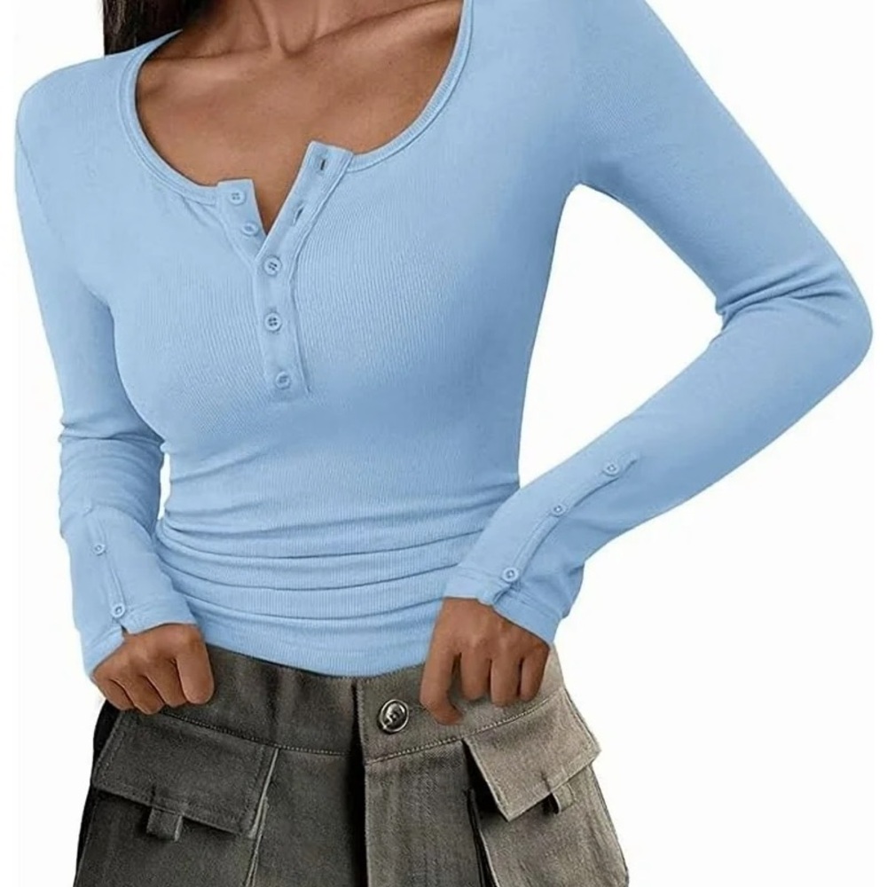 Pretty Garden, Light Blue Long Sleeve Henley Top